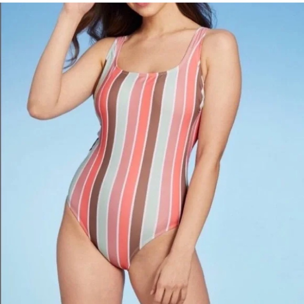 Kona Sol Brown and Green One Piece Swimsuit Vertical Stripes